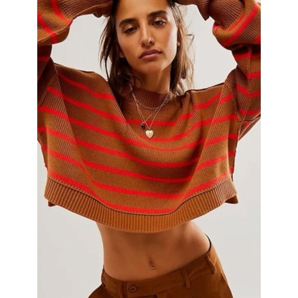Free People Easy Street Stripe Crop Pullover Sweater Brown Orange Large